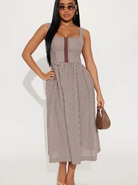 Fashion Nova Brown Gingham Button-Front Midi Dress